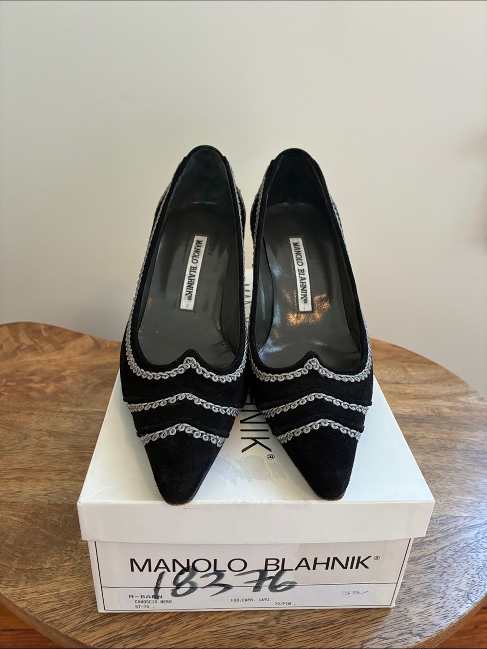 Manolo Blahnik Black Suede Pointed Pumps with Silver Braided Trim